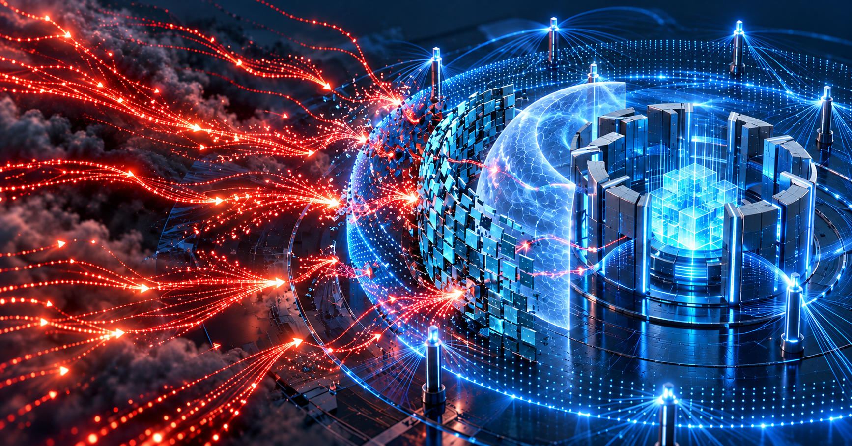 Illustration of layered blue cybersecurity defences protecting a network from incoming red threats